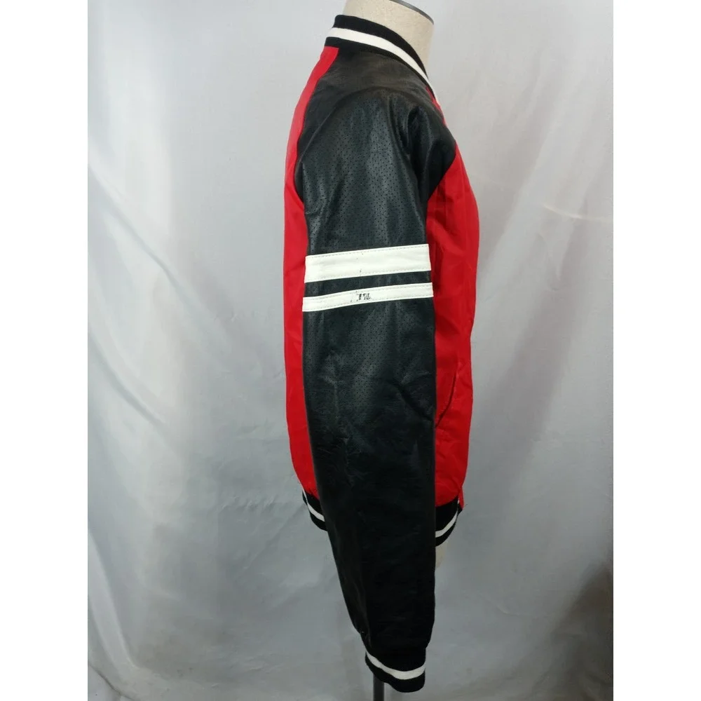 Mens Bomber Jacket sz Large Red Black Faux Leather Sleeve Varsity Full Zip Lined